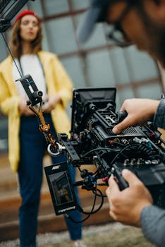 Close-up of a film crew with advanced camera equipment during an outdoor photoshoot.